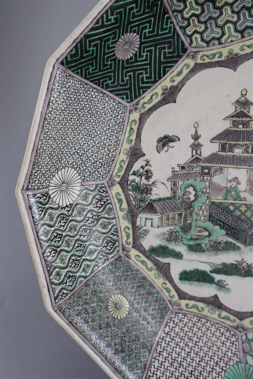 An unusual Chinese famille verte decorated biscuit porcelain twelve sided dish, 19th century in Kangxi style, 26cm wide